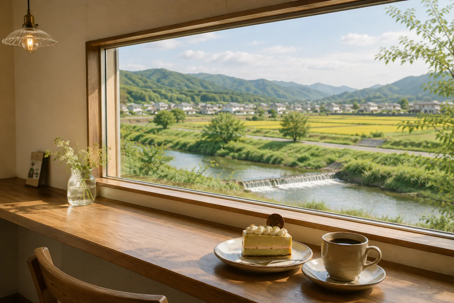大きな窓から山と川を望むカウンター席に、ケーキと飲み物が並ぶ風景