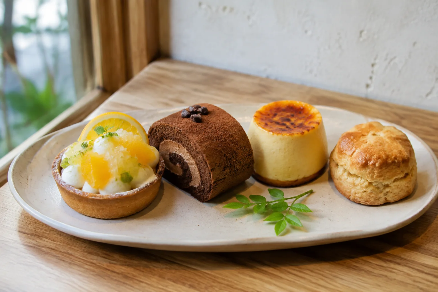 タルト、ロールケーキ、プリン、スコーンを盛り合わせたデザート