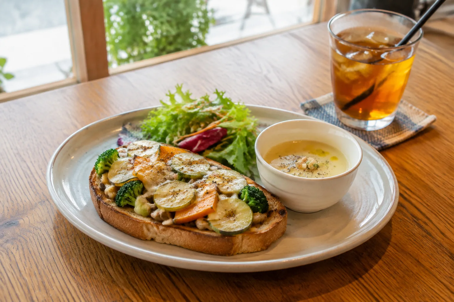 野菜のタルティーヌとスープ、サラダ、アイスティーのランチ