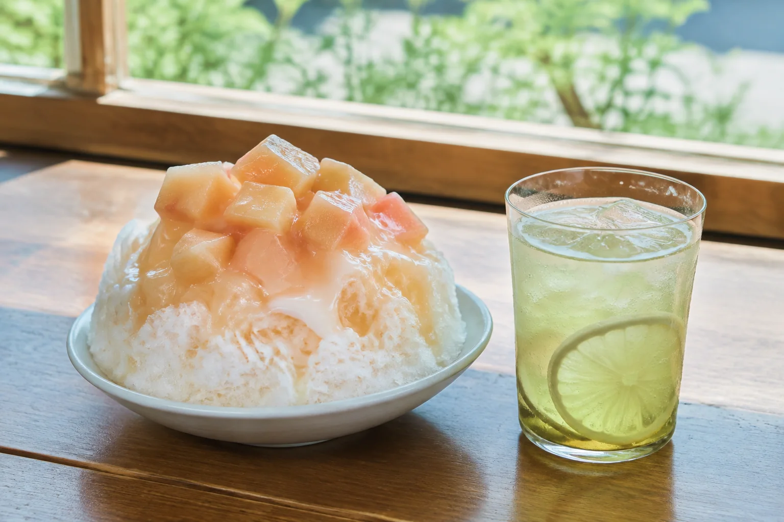 桃のかき氷と柑橘のソーダが並ぶ窓辺のテーブル