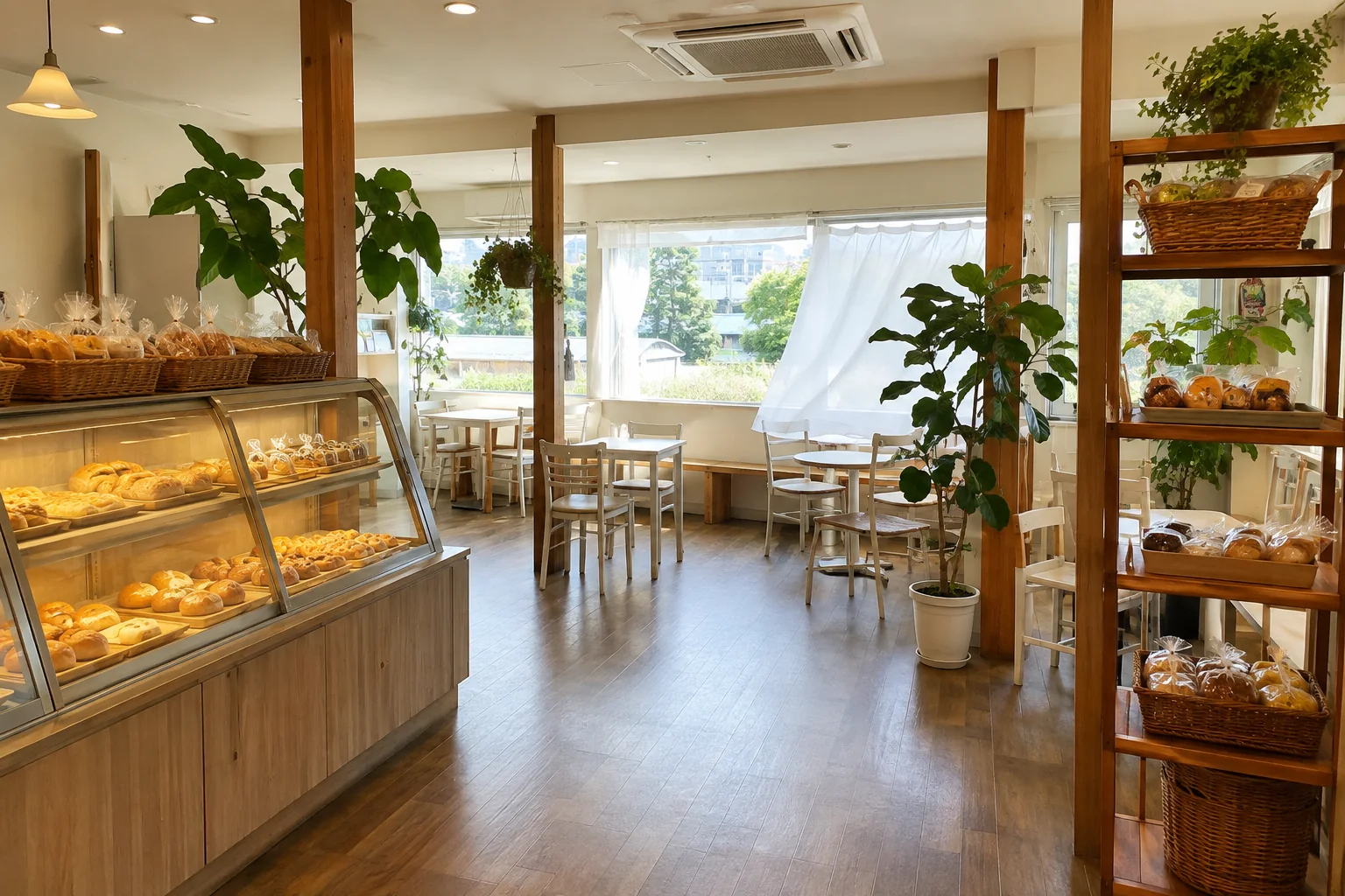 パン売り場と植物の先に、風の通る明るいテーブル席が広がる店内